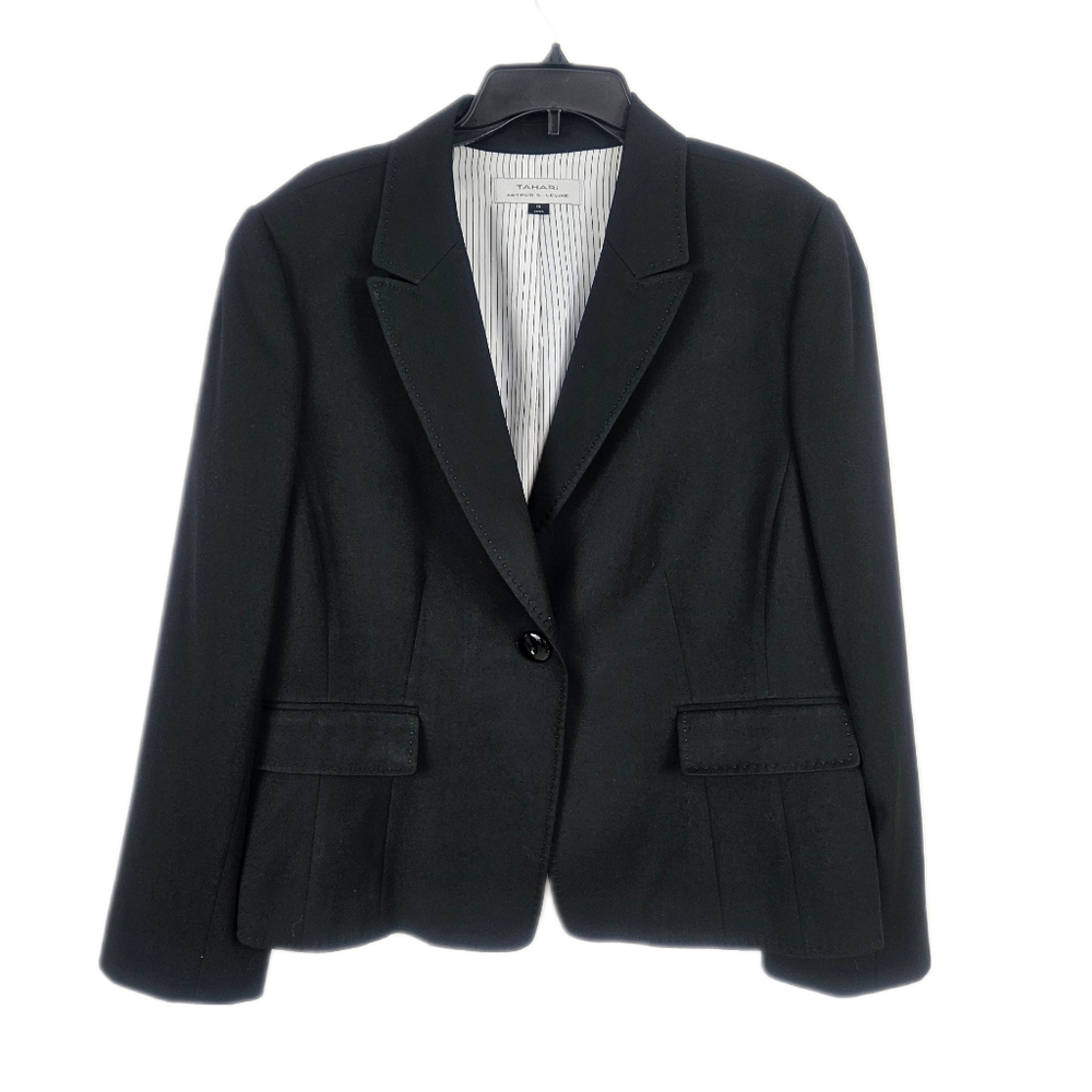 Tahari Womens 18 Black One Button Blazer Suit Jacket Viscose Blend Office Career